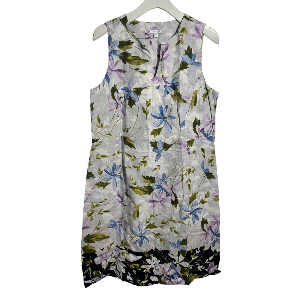 J.Jill Love Linen Floral Tank Dress M White Blue Coastal Preppy Pocket Garden
